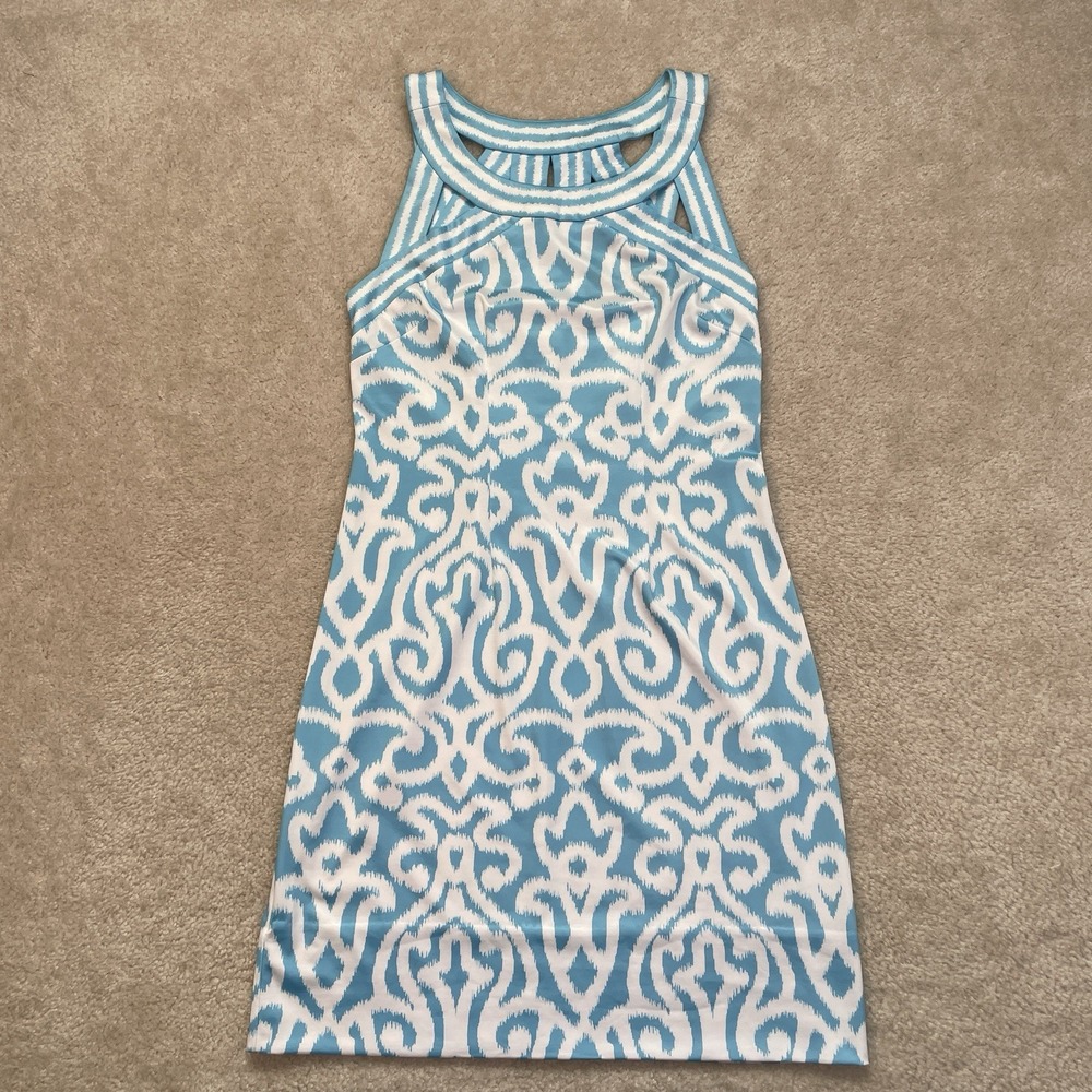 Gretchen Scott Jersey Isosceles Arabesque Dress XS Sleeveless Blue White - Picture 1 of 10